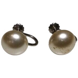Vintage Sterling Silver Earrings‎ Screw Back Faux Pearl 925 SEE